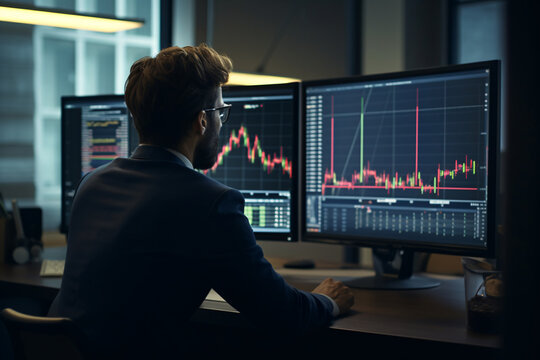 A businessman looking at different computer screens with stock charts and analyzing data