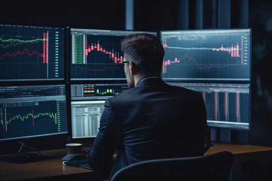 A businessman looking at different computer screens with stock charts and analyzing data