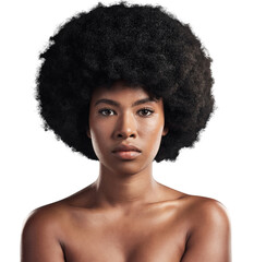 Skincare, portrait and serious black woman with natural beauty on isolated, transparent or png...