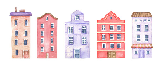 Hand drawn watercolor European city houses set. Hand drawn building facade isolated on white background - obrazy, fototapety, plakaty