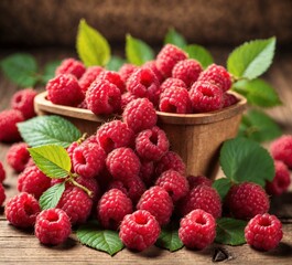 Ripe raspberries with leaves in a wooden bowl. Selective focus.