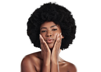 Hair, beauty and portrait of black woman with pout on isolated, png and transparent background....