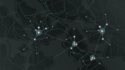 Gps tracking map. Abstract location tracks dashboard. Track navigation pins on street maps, navigate mapping, locate position pin. Futuristic travel map or location navigator vector