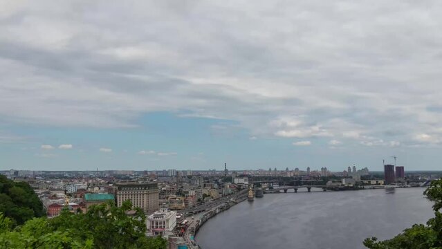 Timelapse of Clouds Over River and City of Kyiv, Ukraine