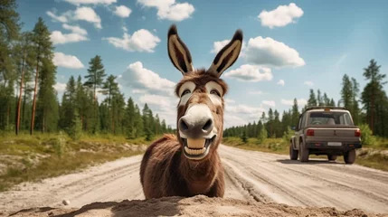 Tuinposter Funny donkey on road © Amer