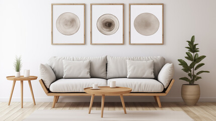 Round wooden coffee table near white sofa against of white wall with three art frames. Scandinavian style - obrazy, fototapety, plakaty