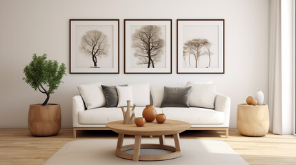 Round wooden coffee table near white sofa against of white wall with three art frames. Scandinavian style