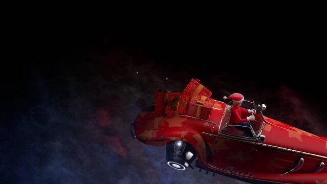  Santa in a car above the space, gift boxes, isolated background, 3d render