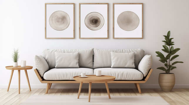 Fototapeta Round wooden coffee table near white sofa against of white wall with three art frames. Scandinavian style