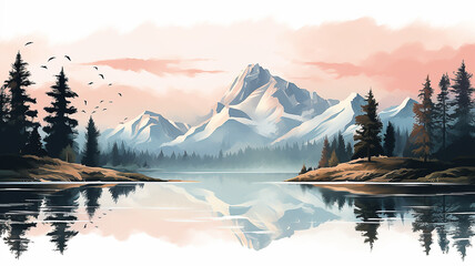 Create a serene landscape illustration PNG isolated on a white canvas.