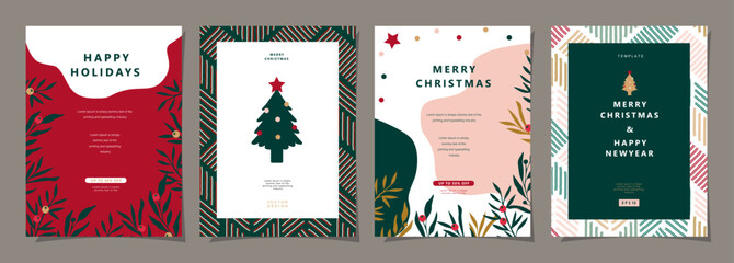 Set of Merry Christmas and Happy New Year background. Greeting and invitation card, web banner, holiday cover, flyer, poster design templates. Modern flat vector illustration.