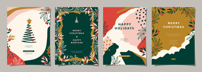 Naklejka premium Set of Merry Christmas and Happy New Year background. Greeting and invitation card, web banner, holiday cover, flyer, poster design templates. Modern flat vector illustration.