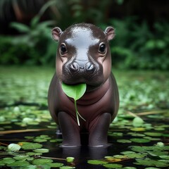 cute and gorgeous baby hippo in the river