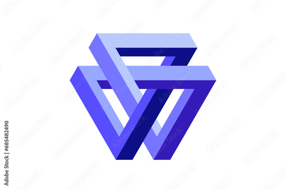 Leinwandbilder Impossible triangle shape. Optical visual illusion. Triangular Infinite loop symbol. Blue purple unreal geometric form. Solid puzzle element for logo, icon, label, tag, decor. Vector illustration
