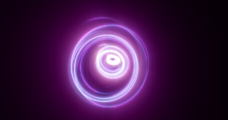 Abstract purple rings spheres from energy magic waves of smoke circles and glowing lines on a black background