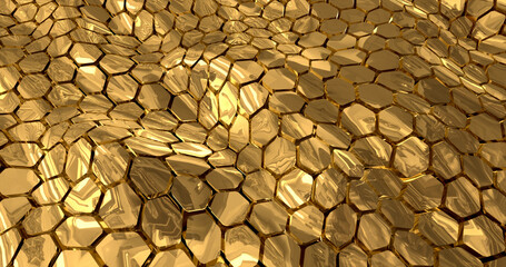 Abstract energy metal gold shiny cells hexagons with waves background