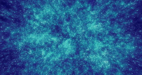 Fototapeta na wymiar Abstract blue background of small round bokeh particles, beautiful holiday snowflakes, magical snow, energetic bright glowing cosmic stars