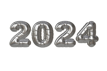 happy new year 2024 silver balloons text 3d illustration render