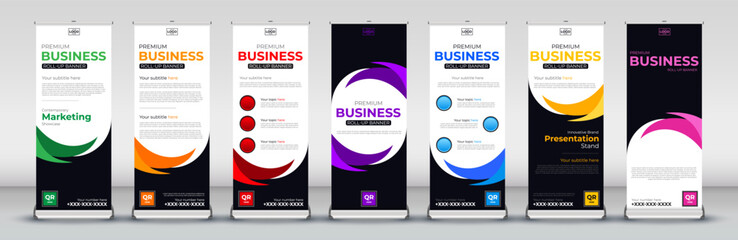 vertical roll up Banner Design set for Street Business, events, presentations, meetings, annual events, exhibitions in red, green, blue, yellow, orange, purple, orange - obrazy, fototapety, plakaty