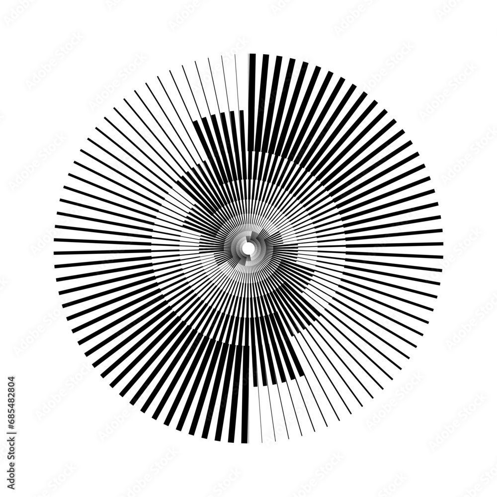 Poster radial abstract pattern. black and white ray and beam lines shape. circle spiral form. sunburst desi