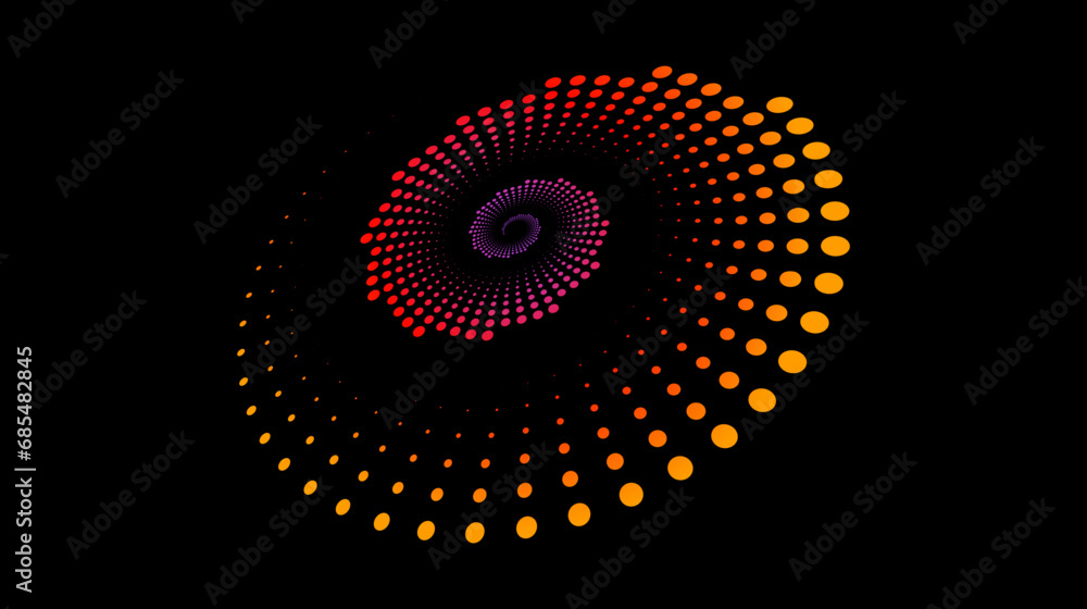 Poster Halftone speed spiral. Red orange dynamic dotted lines in perspective. Radial swirl element for logo, print, poster, template, icon, banner, presentation. Round technology illustration. Vector 