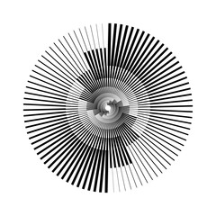 Radial abstract pattern. Black and white ray and beam lines shape. Circle spiral form. Sunburst design element for icon, badge, logo, tattoo, tag, label, emblem, poster. Vector illustration 