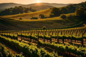 vineyard at sunset a plantation of grapeyines hilly medilterranean landscape south france europe-