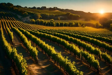 vineyard at sunset a plantation of grapeyines hilly medilterranean landscape south france europe- - obrazy, fototapety, plakaty