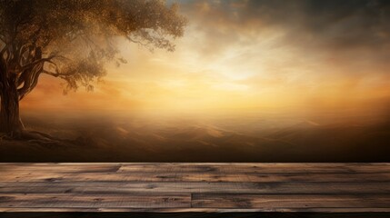 Fototapeta na wymiar Empty old wooden table with biblical background, copy space, 16:9