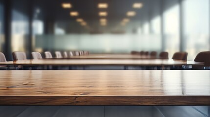 Obraz premium Empty wooden table with conference room background, copy space, 16:9