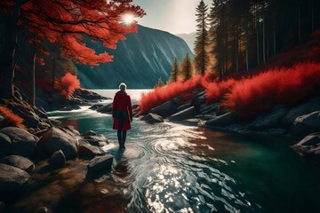 red traditional norwegian nature with fjords generative a - obrazy, fototapety, plakaty
