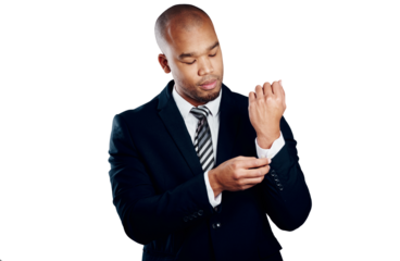 Fashion, suit and business man with sleeve check on isolated, transparent or png background. Corporate, style and African entrepreneur getting ready with professional, formal or outfit cuff choice