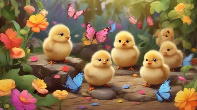 yellow chicken baby with gardan butterfly
