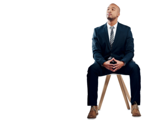 Business, man and thinking on chair of solution, problem solving and brainstorming isolated on transparent png background. Corporate worker, ideas or planning future for insight, choice and questions