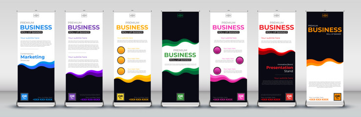 roll up Banner Design set for Street Business, events, presentations, meetings, annual events, exhibitions in red, green, blue, yellow, orange, purple, orange