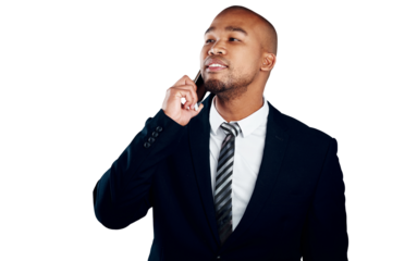 Businessman, thinking and phone call for discussion, listen or communication by cellular network. Black person, corporate and consult by online, app or web on isolated or transparent png background