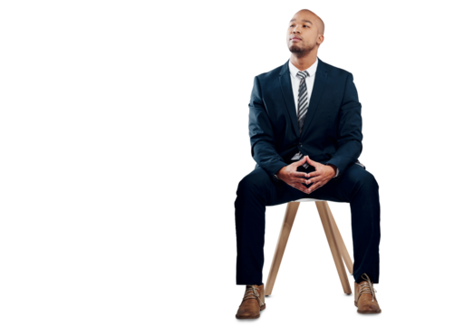 Business, man and thinking on chair of solution, problem solving and brainstorming isolated on transparent png background. Corporate worker, ideas or planning future for insight, choice and questions