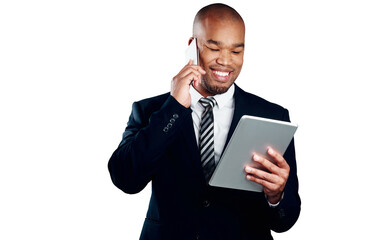Businessman, smile and phone call with tablet for research, information or feedback report. African...