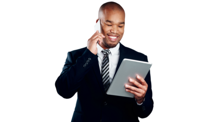 Businessman, smile and phone call with tablet for research, information or feedback report. African person, consultation and happy with technology by reading on isolated or transparent png background