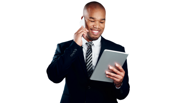 Corporate, happy man and phone call with tablet for reading, information and feedback report. African person, consultant and technology for communication on isolated or transparent png background