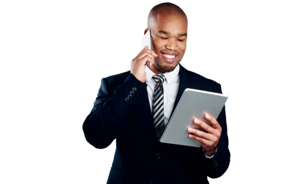 Businessman, smile and phone call with tablet for research, information or feedback report. African person, consultation and happy with technology by reading on isolated or transparent png background