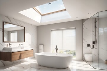 Fototapeta na wymiar modern and luxurious bathroom with freestanding bathtub, skylight, and countryside view