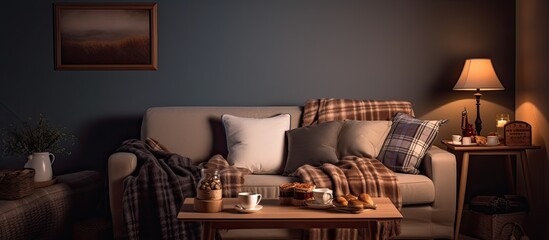Present and comfortable living area, featuring a sofa, cushions, tartan blanket, coffee, cake, tray, and photo frame. Decorated in soft tones.