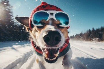 running ,dog santa hat, colorful sunglass, extreme winter snowfall blurred - obrazy, fototapety, plakaty