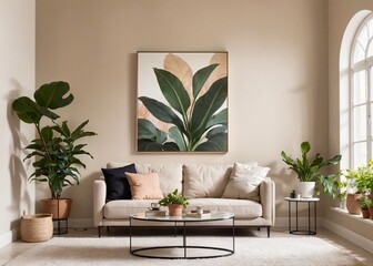 cozy and minimalist scandinavian style living room with plant painting and pastel colors