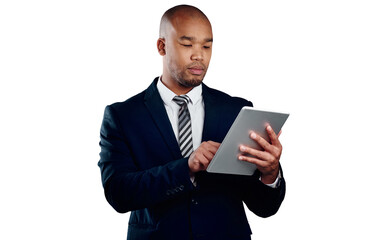 Businessman with suit, tablet and reading isolated on transparent png background for law firm email. Networking, digital app and black man, lawyer or attorney with online business, website or search.