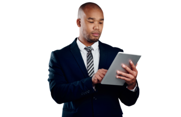 Businessman with suit, tablet and reading isolated on transparent png background for law firm email. Networking, digital app and black man, lawyer or attorney with online business, website or search.