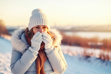 Fototapeta na wymiar woman cold breath, winter park background