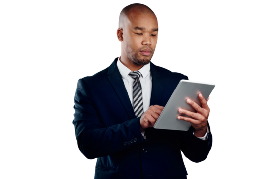 Businessman with suit, tablet and reading isolated on transparent png background for law firm email. Networking, digital app and black man, lawyer or attorney with online business, website or search.