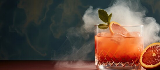 Smoked paprika-rimmed cocktail with pink grapefruit in an old fashioned glass. Bright, high-key horizontal photo.